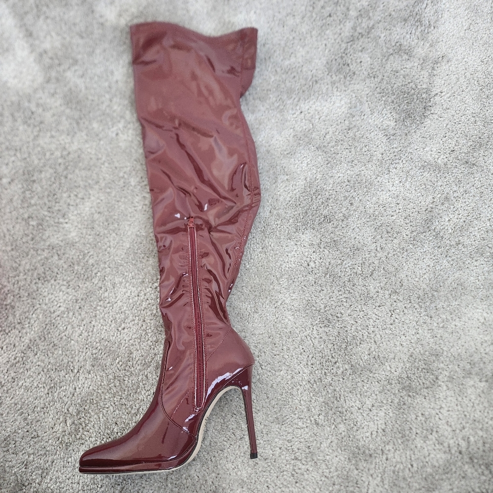 Red latex knee high heels